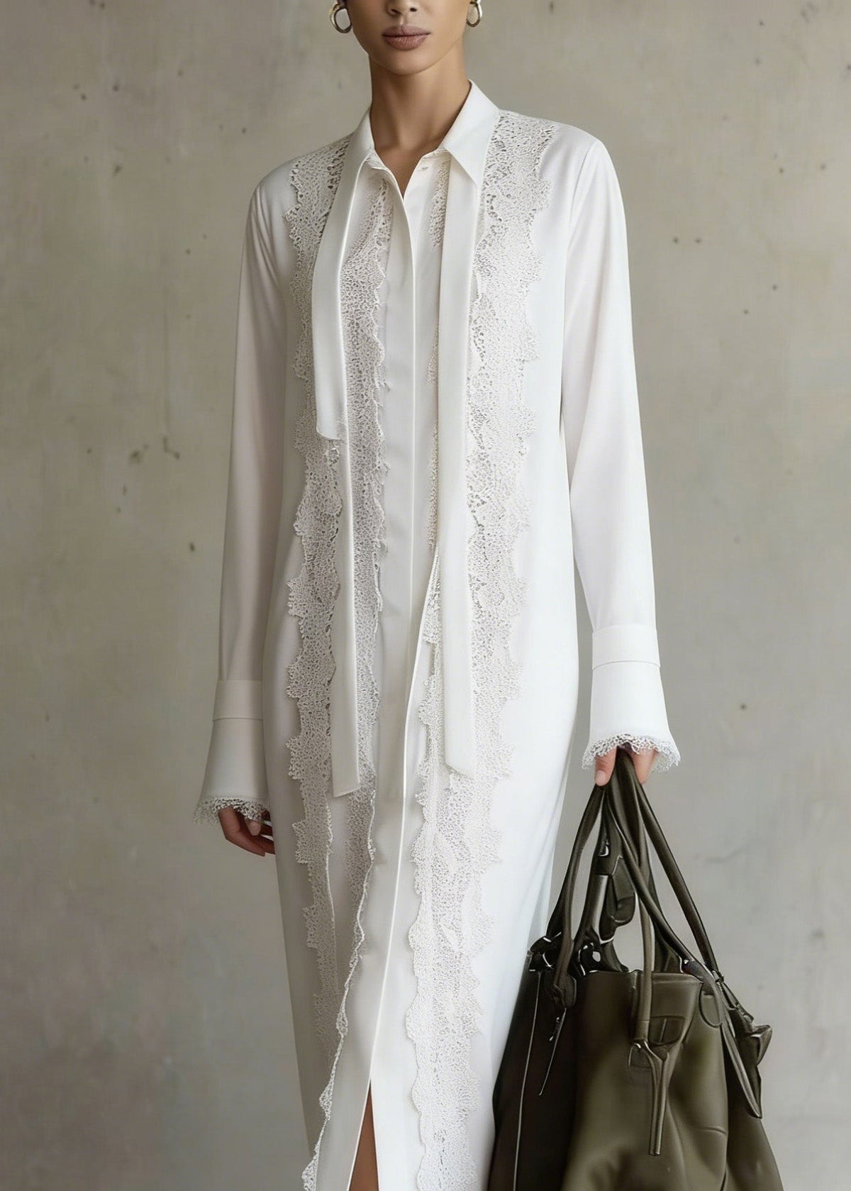 Chiffon Tie Neck Long Sleeve Lace Panel Midi Shirt Dress - View 2