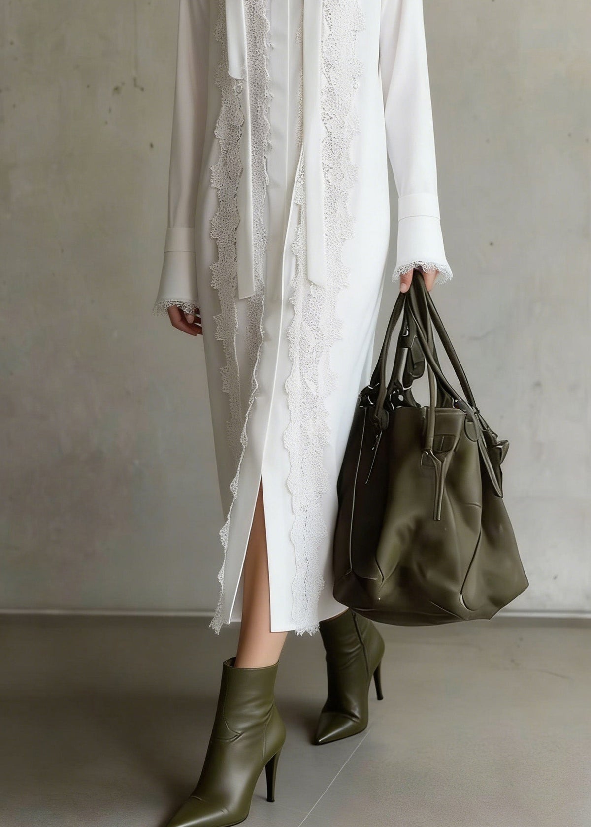 Chiffon Tie Neck Long Sleeve Lace Panel Midi Shirt Dress - View 4