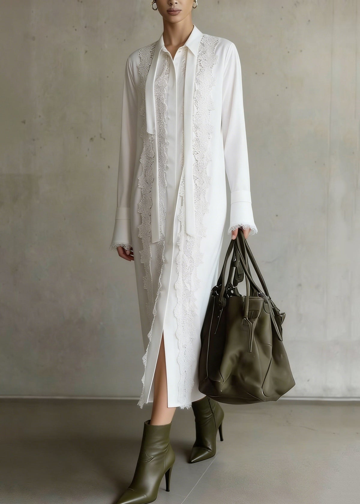 Chiffon Tie Neck Long Sleeve Lace Panel Midi Shirt Dress - View 5