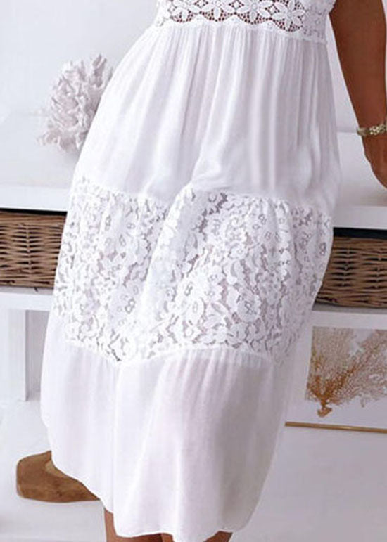 White V Neck Lace Patchwork Cotton Spaghetti Strap Dress - View 5