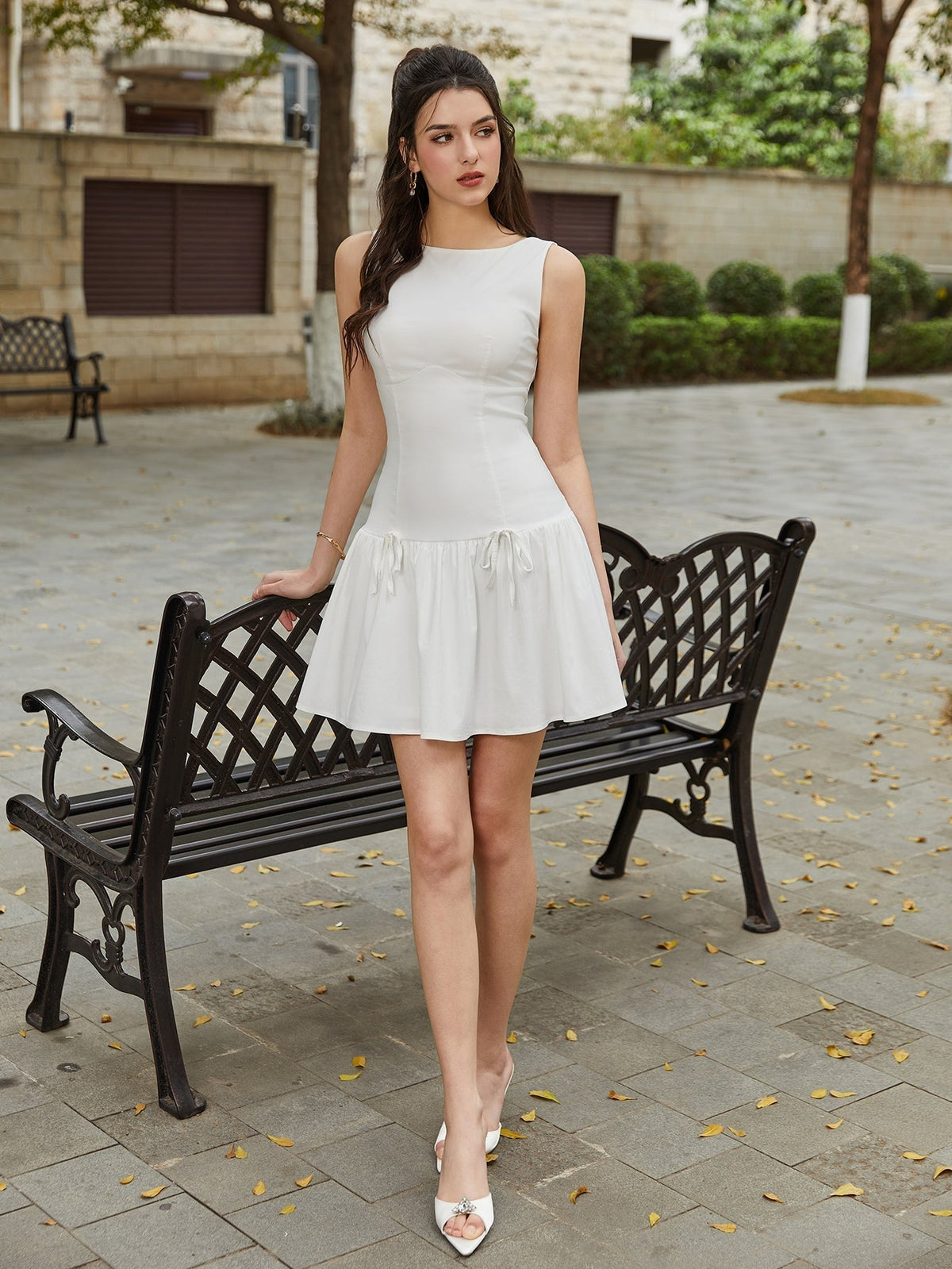 Boat Neck Sleeveless Drop Waist Bow Tie Pleated Mini Dress - View 5