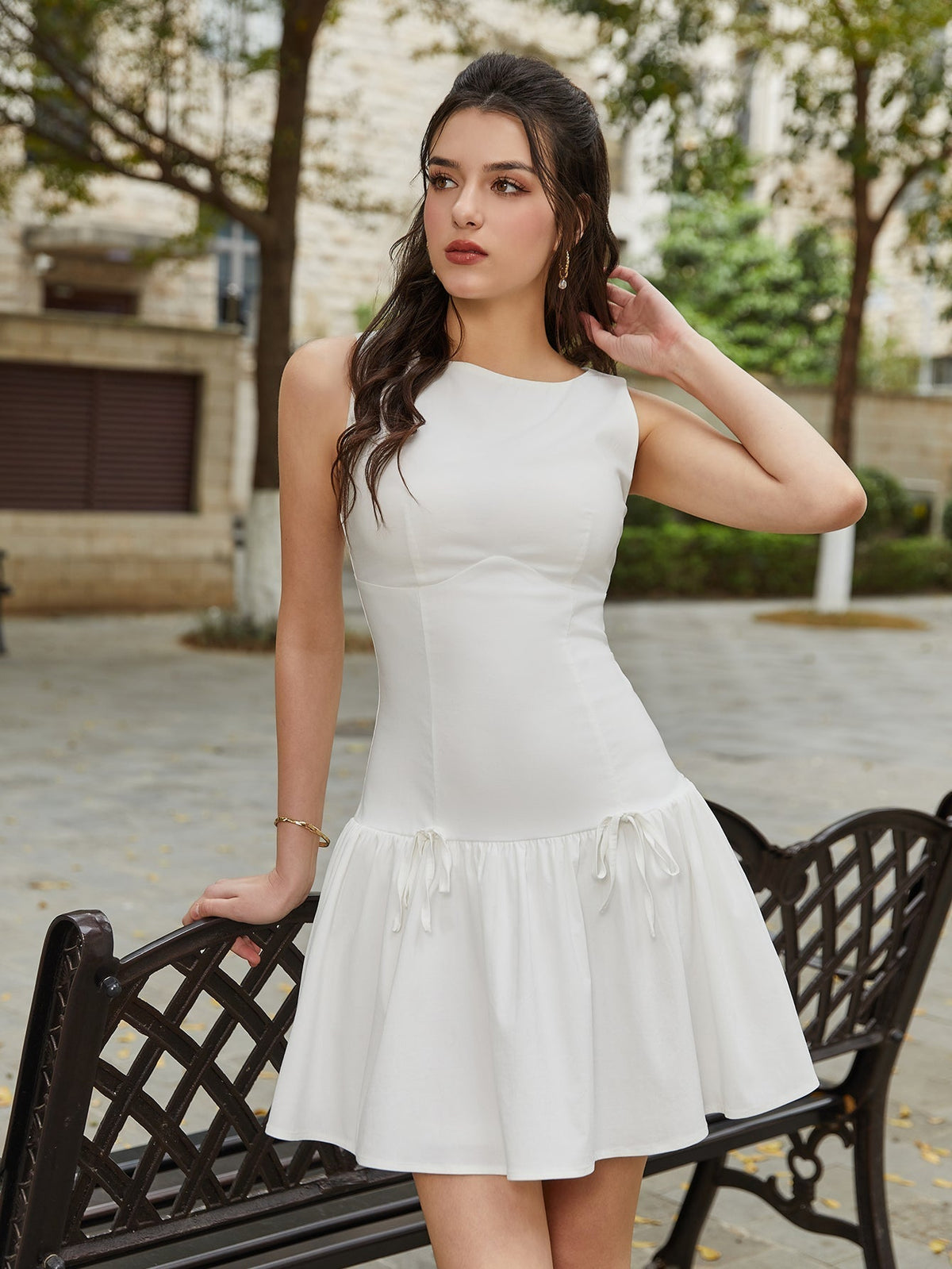 Boat Neck Sleeveless Drop Waist Bow Tie Pleated Mini Dress