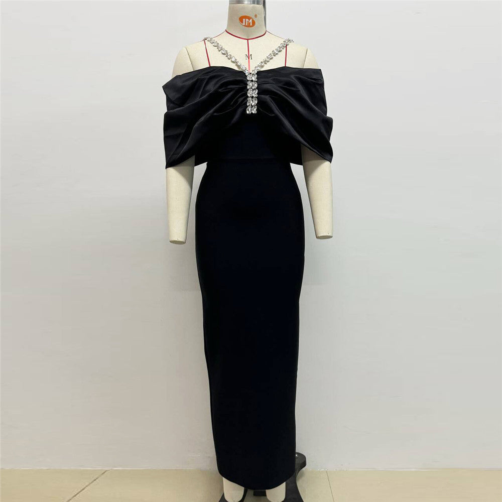 Rhinestone Bow Off Shoulder Crystal Strap Ruched Bodycon Maxi Gown - View 2