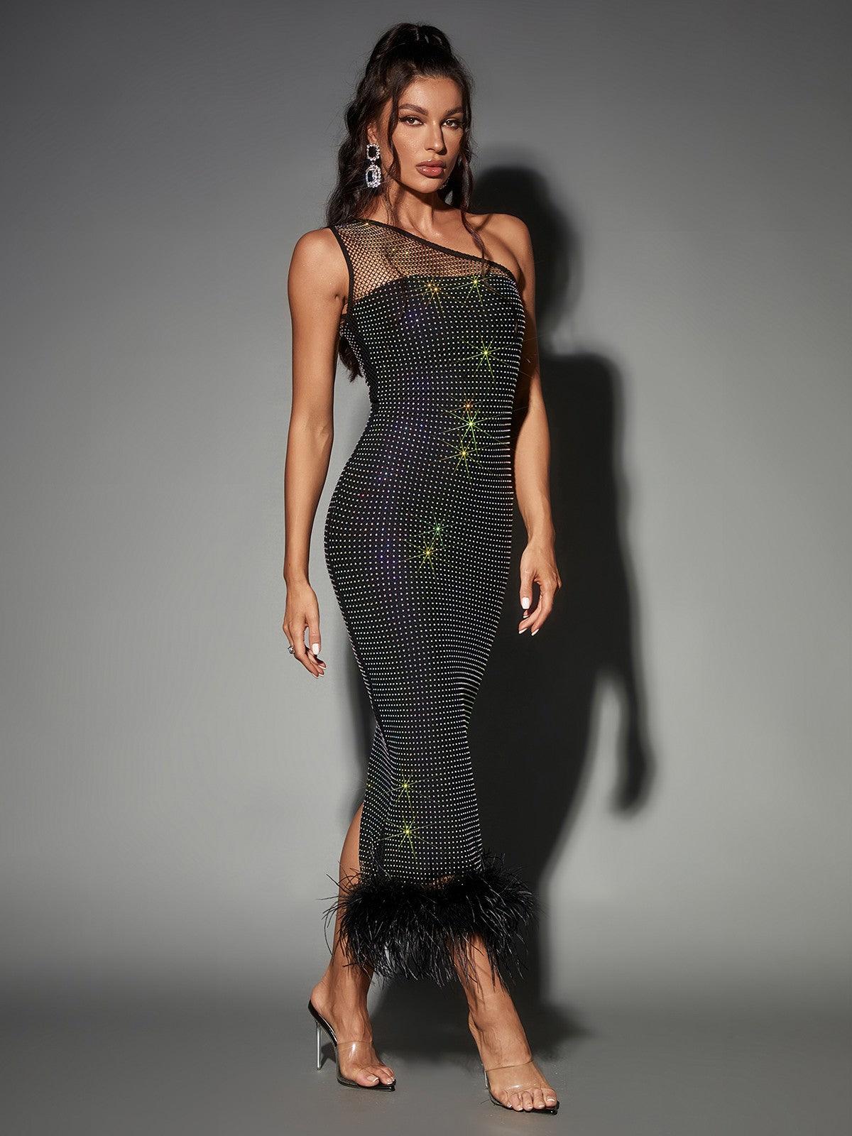 One Shoulder Mesh Rhinestone Feather Trim Bodycon Midi Dress - View 3