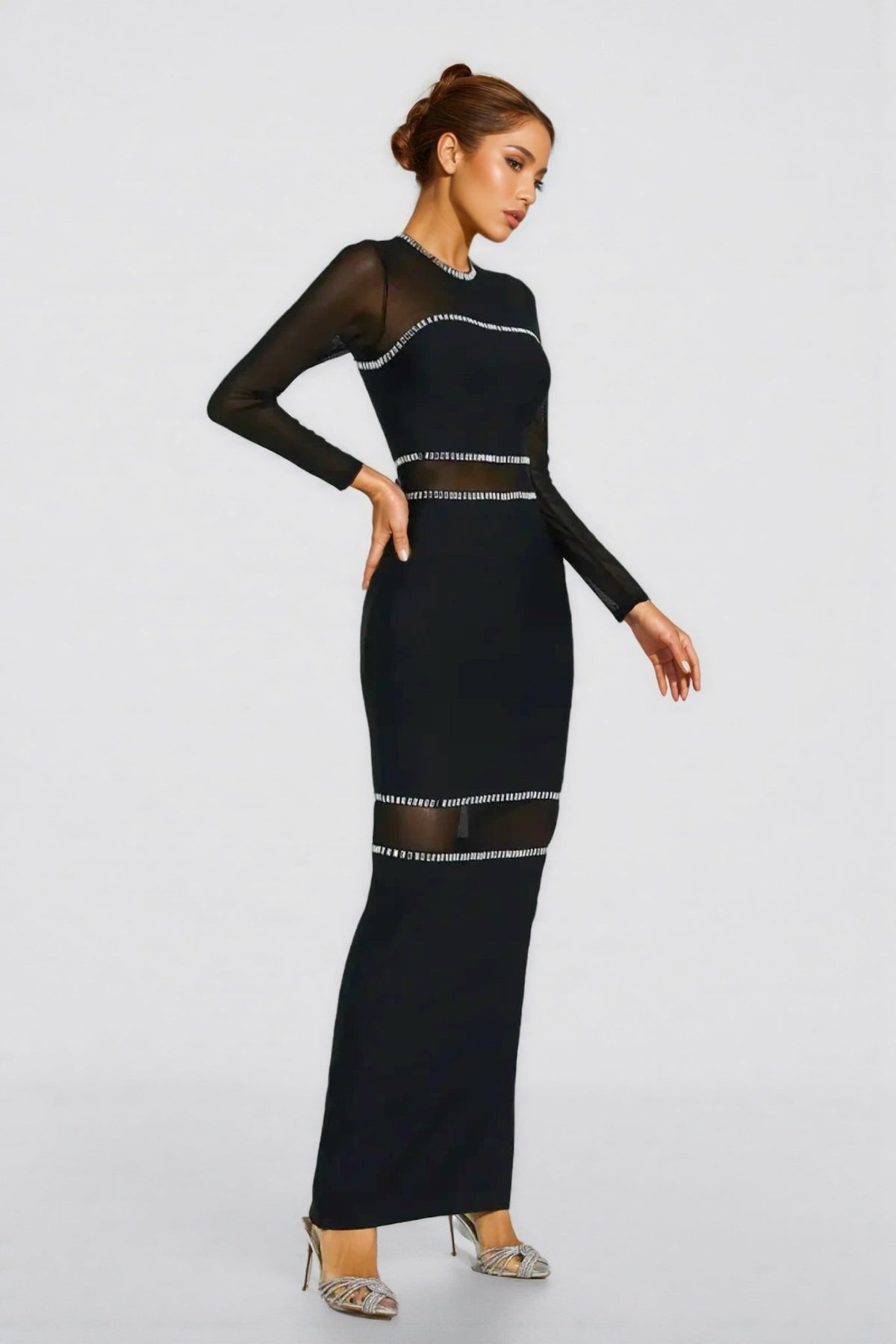 Gema Black Mesh Bandage Maxi Dress - View 3