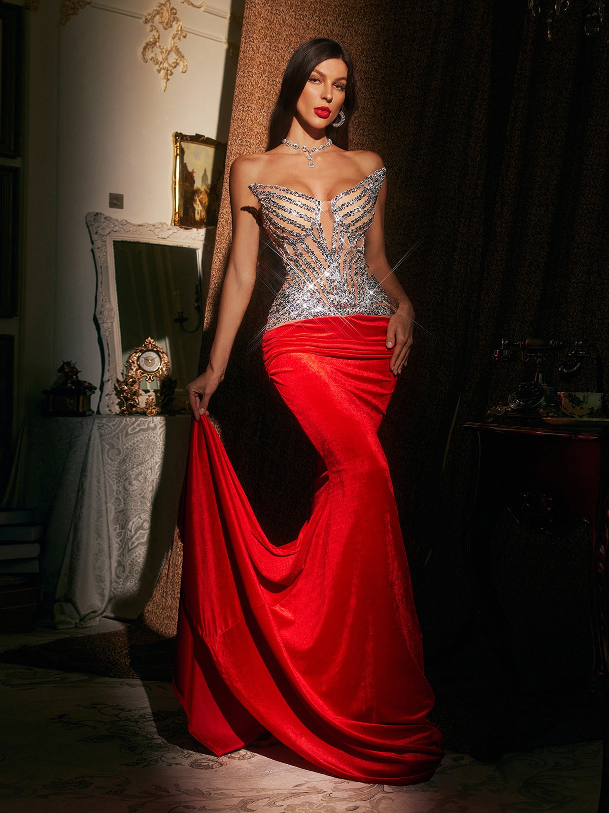 Strapless Sequin Ruched Mermaid Maxi Dress - View 2