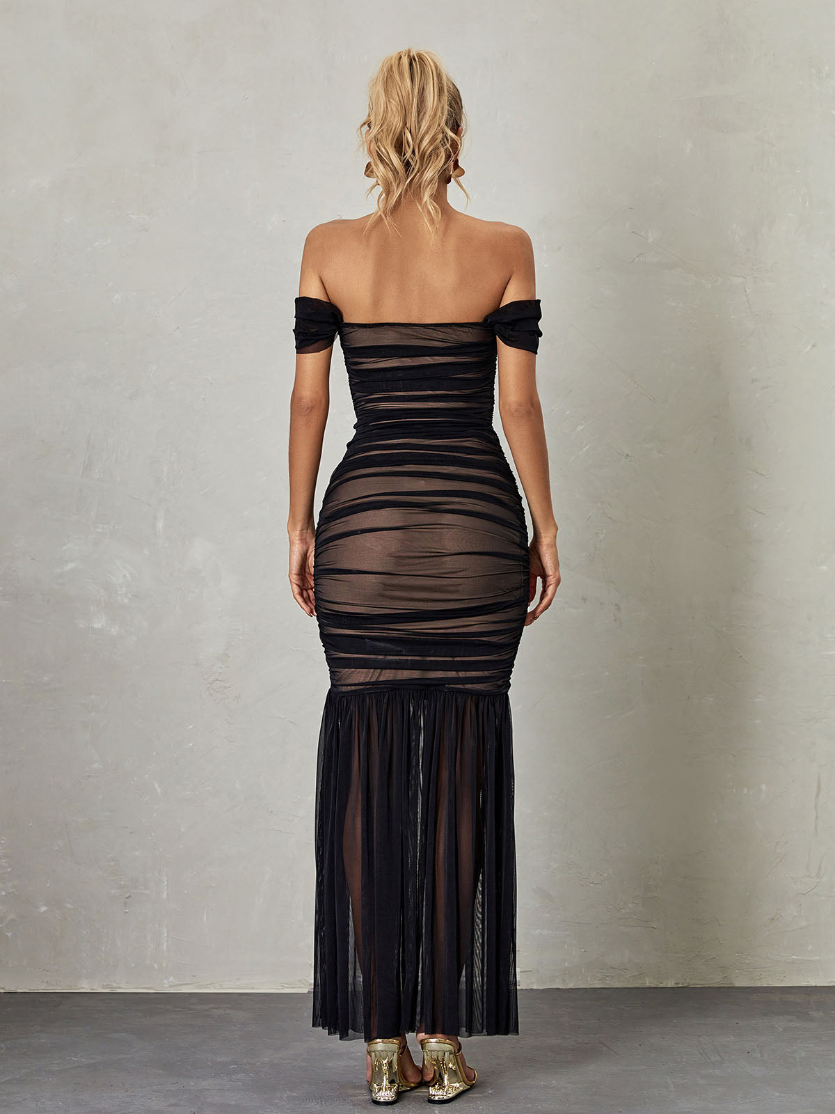 Breigh Off Shoulder Mesh Ruched Maxi Dress - View 5