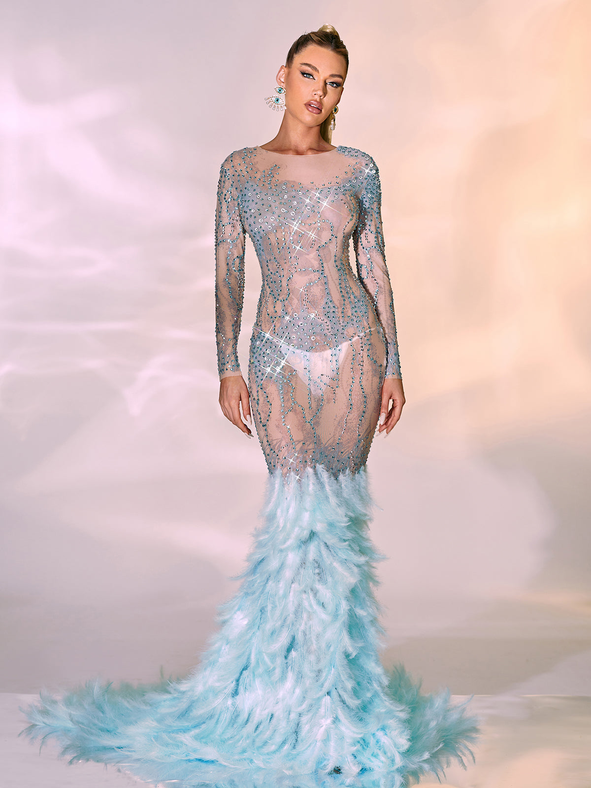 Briar Long Sleeve Rhinestone Feather Maxi Dress - View 4