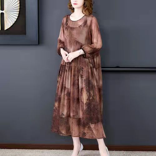 Brown Floral Maxi Dresses Plus Size Chiffon Dress - View 2