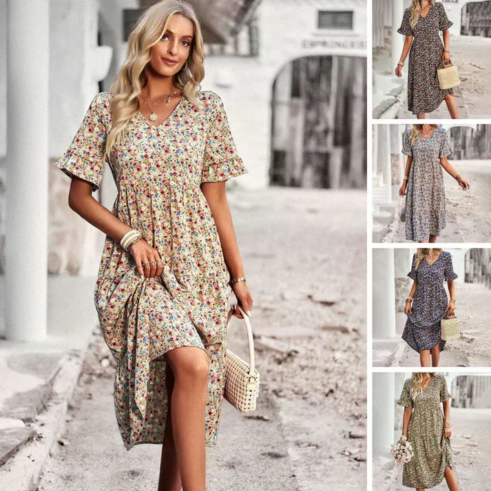 V-Neck Flutter Sleeve Floral Tiered Midi Dress - View 6