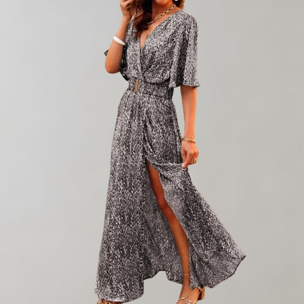 Snake Print V-Neck Flutter Sleeve Wrap High Split Maxi Dress