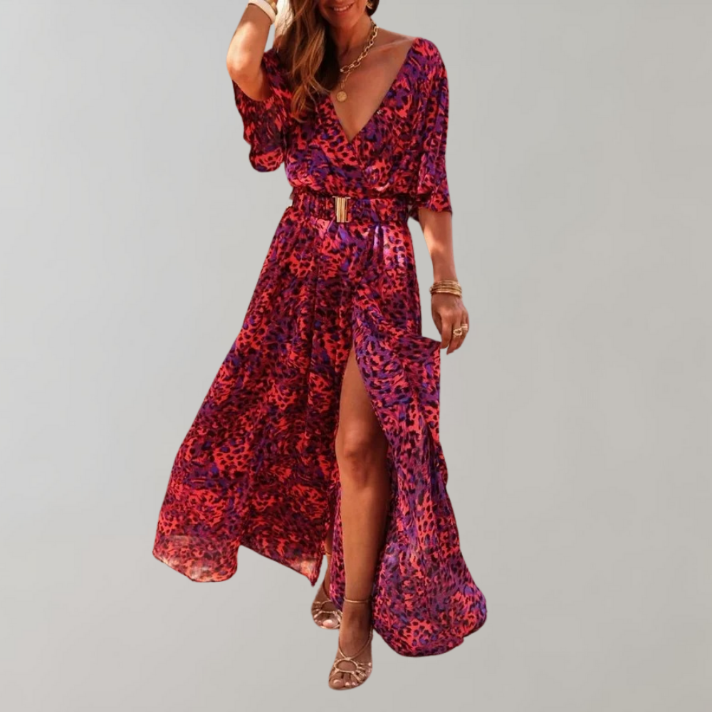 Snake Print V-Neck Flutter Sleeve Wrap High Split Maxi Dress 6
