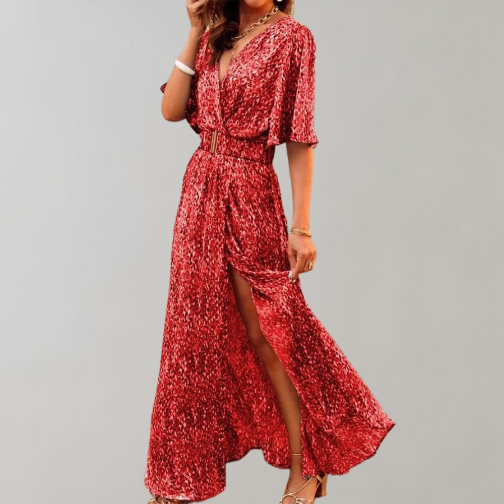 Snake Print V-Neck Flutter Sleeve Wrap High Split Maxi Dress 7