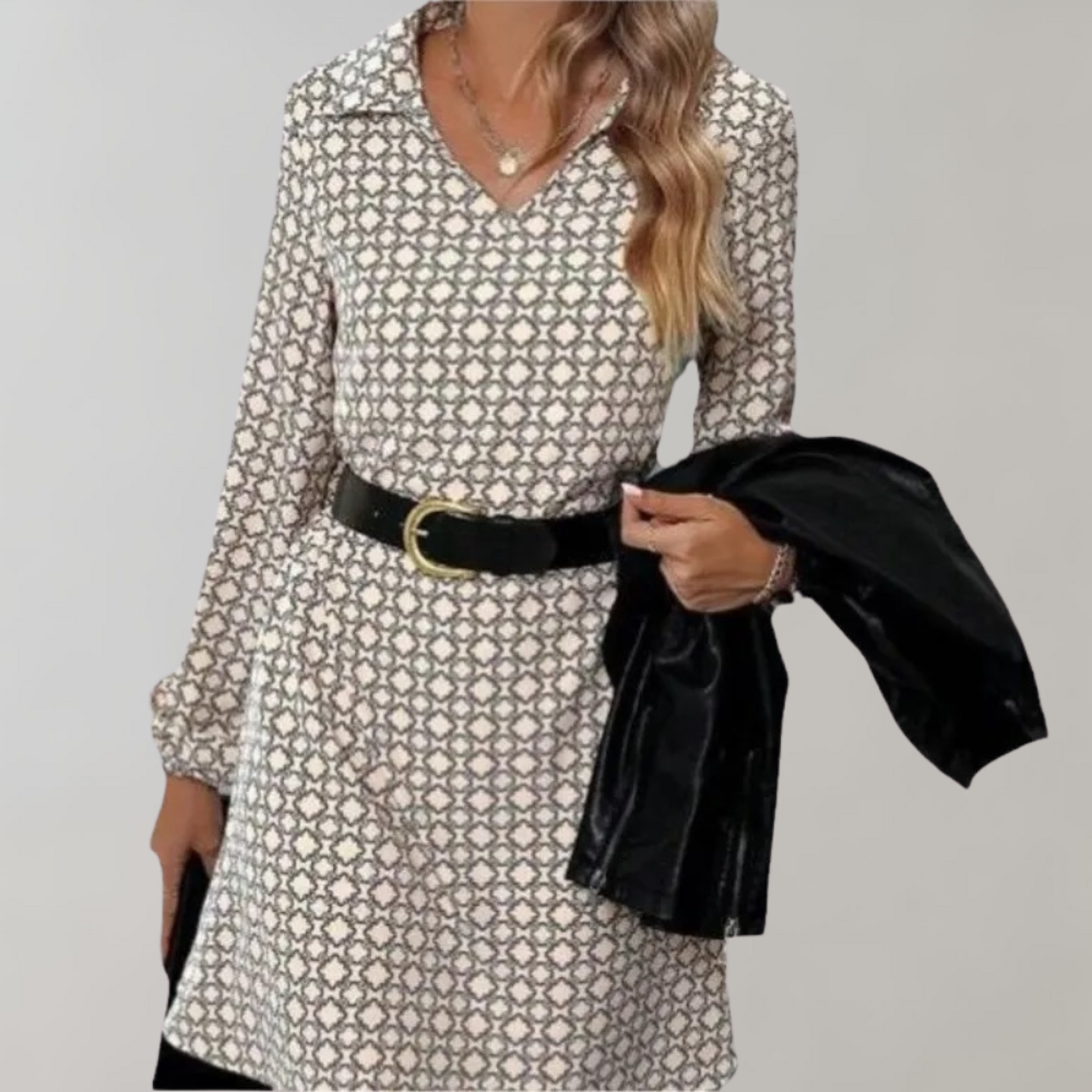 Geometric Print Collar V-Neck Bishop Sleeve A-Line Mini Dress - View 2