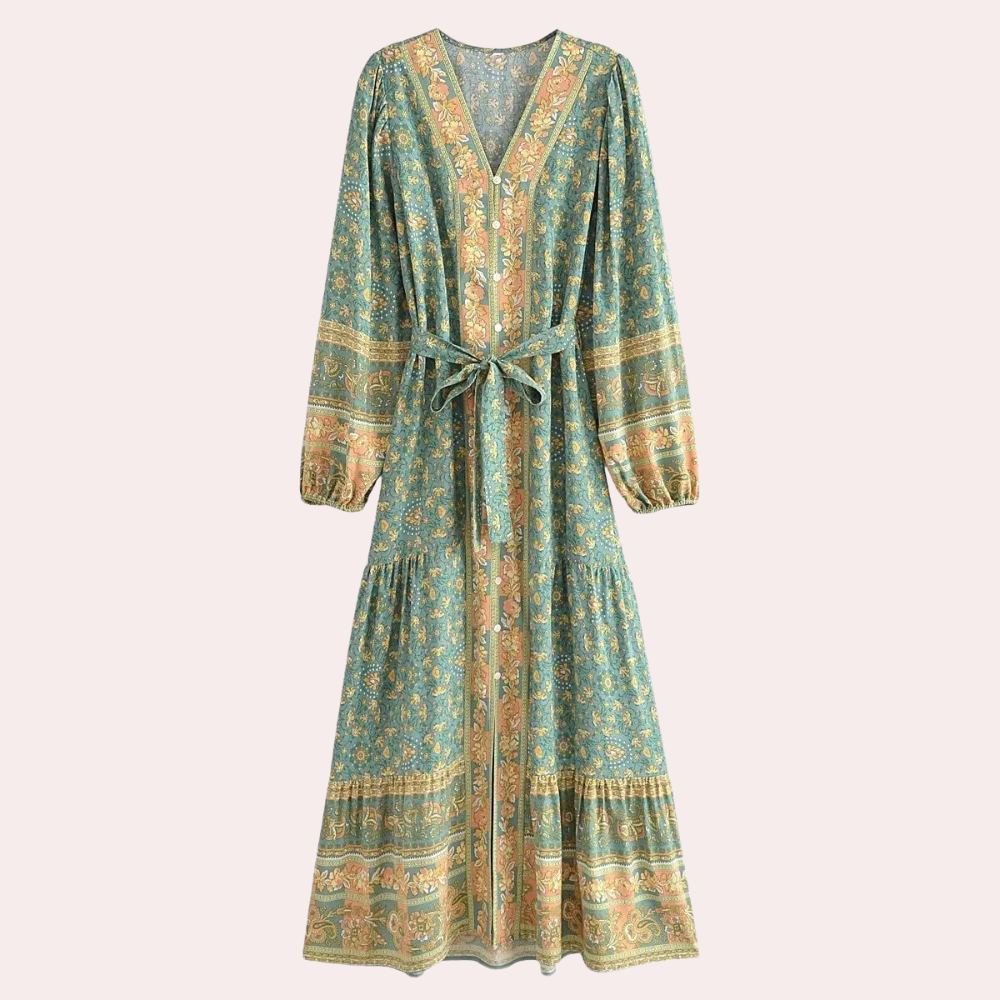 Floral Paisley Print V-Neck Button Front Long Sleeve Maxi Dress - View 4