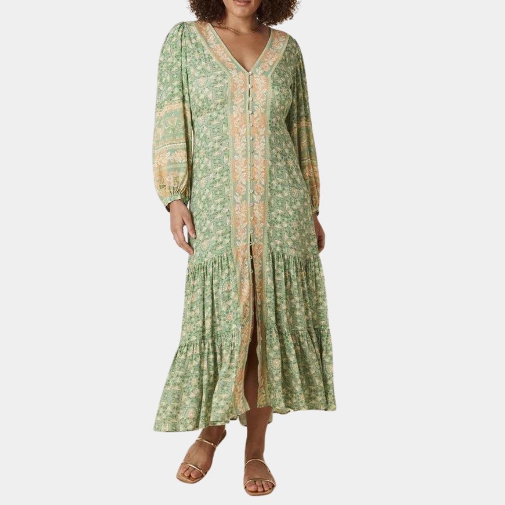 Floral Paisley Print V-Neck Button Front Long Sleeve Maxi Dress