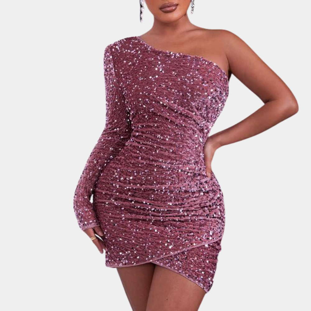 Sequin One Shoulder Long Sleeve Ruched Bodycon Mini Dress - View 4