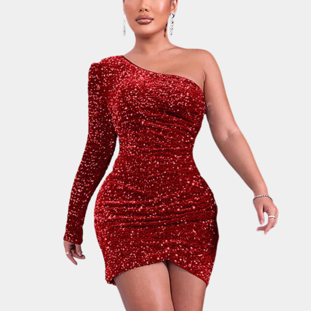 Sequin One Shoulder Long Sleeve Ruched Bodycon Mini Dress - View 3