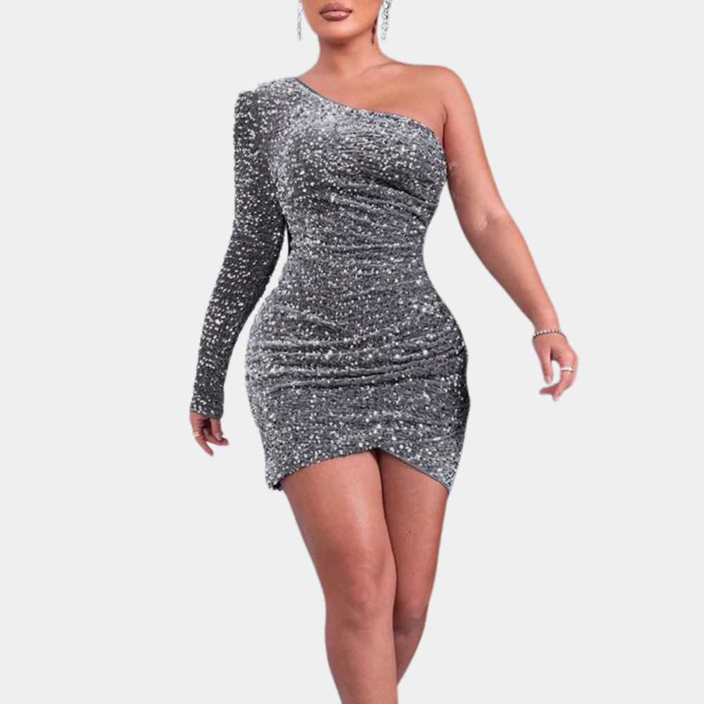 Sequin One Shoulder Long Sleeve Ruched Bodycon Mini Dress - View 2