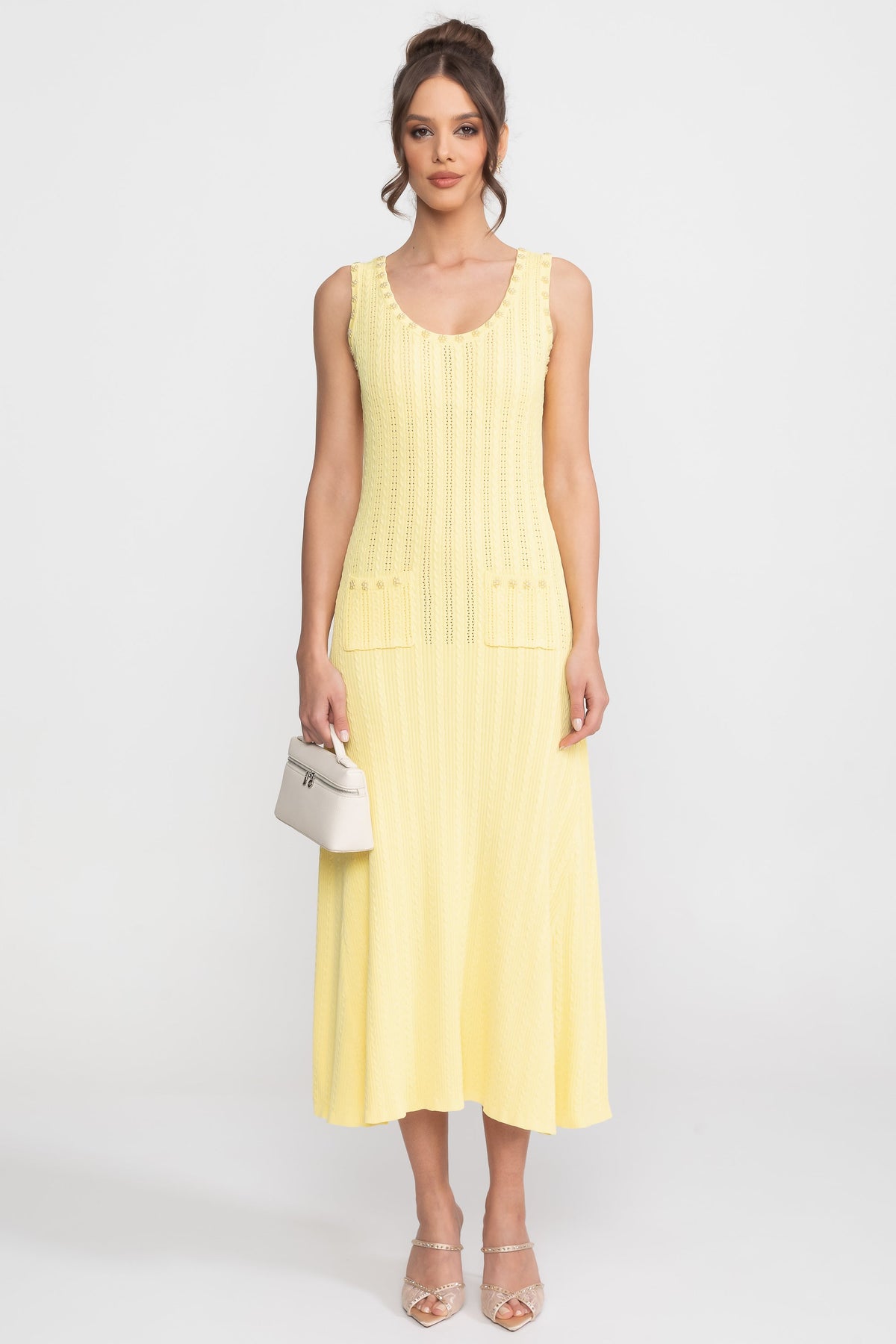 Ribbed Pointelle Pearl Button Cropped Cardigan Sleeveless Midi Dress Two-Piece Set - View 7