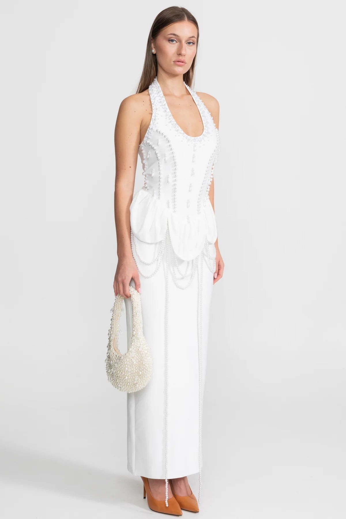 Embellished Halter Maxi Dress With Gathered Peplum Detail – White - View 4