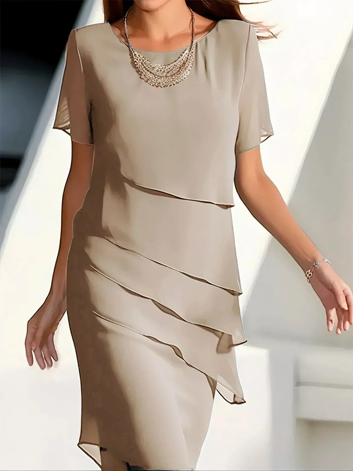 Chiffon Beaded Neckline Flutter Sleeve Asymmetrical Tiered Midi Dress - View 4