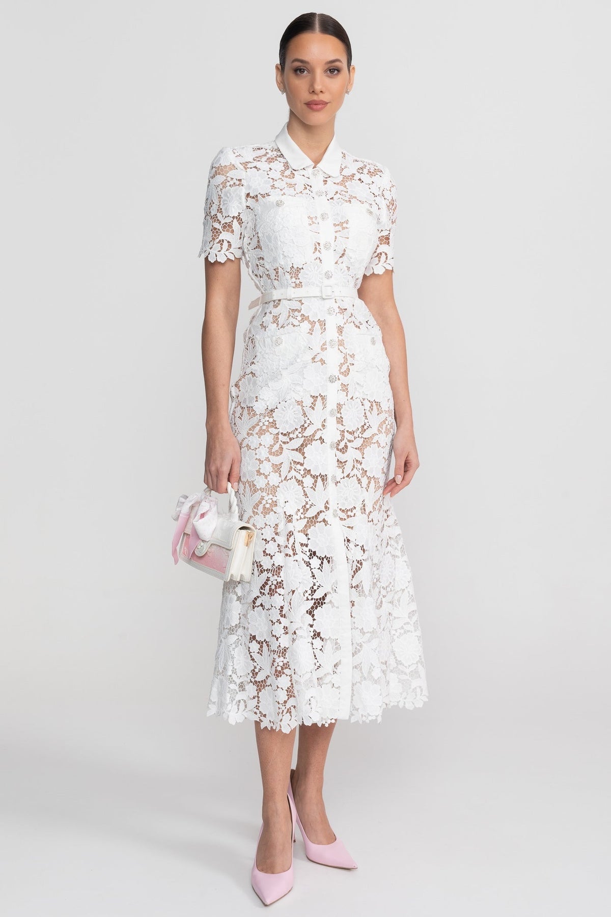 Lace Short Sleeve Midi Dress - White