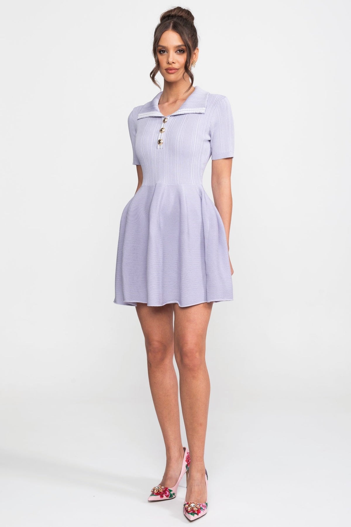 Ribbed Knit Mini Dress With Open Polo Collar And Jewel Buttons - Lilac - View 3