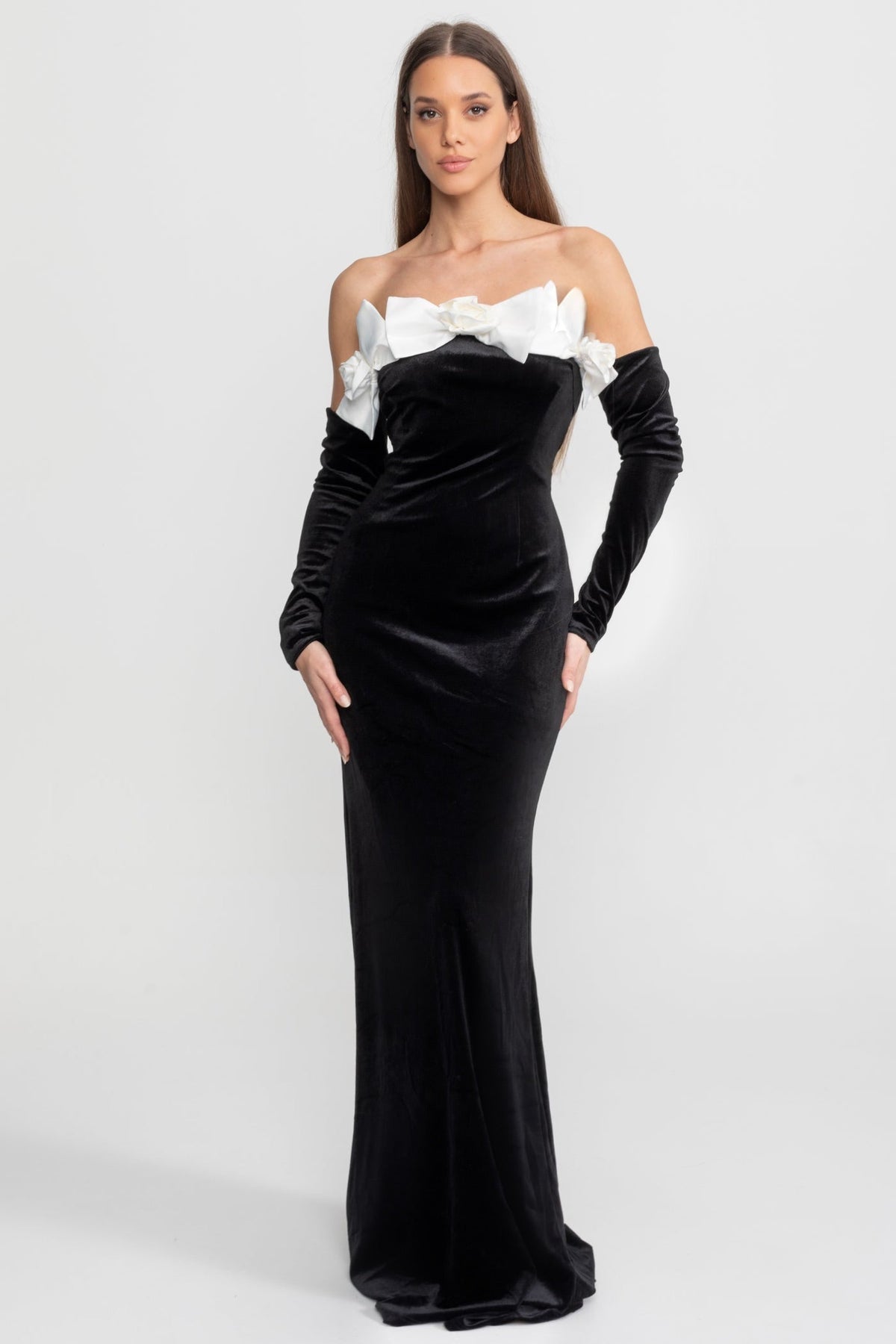 Velvet Strapless Maxi Dress with Floral Bow Appliqué – Black - View 2