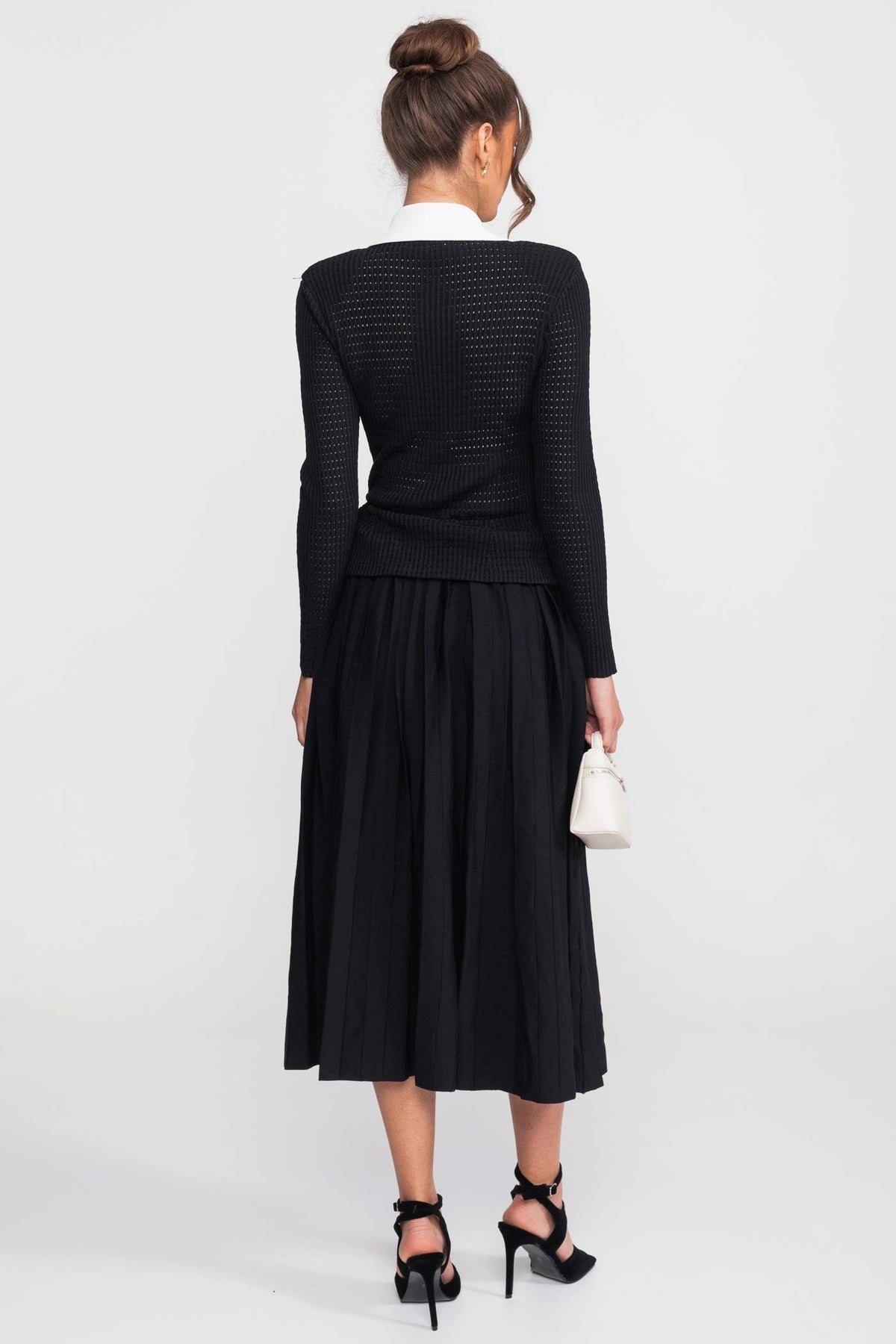 Open-Knit Dress with Pleated Midi Skirt - Black - View 9