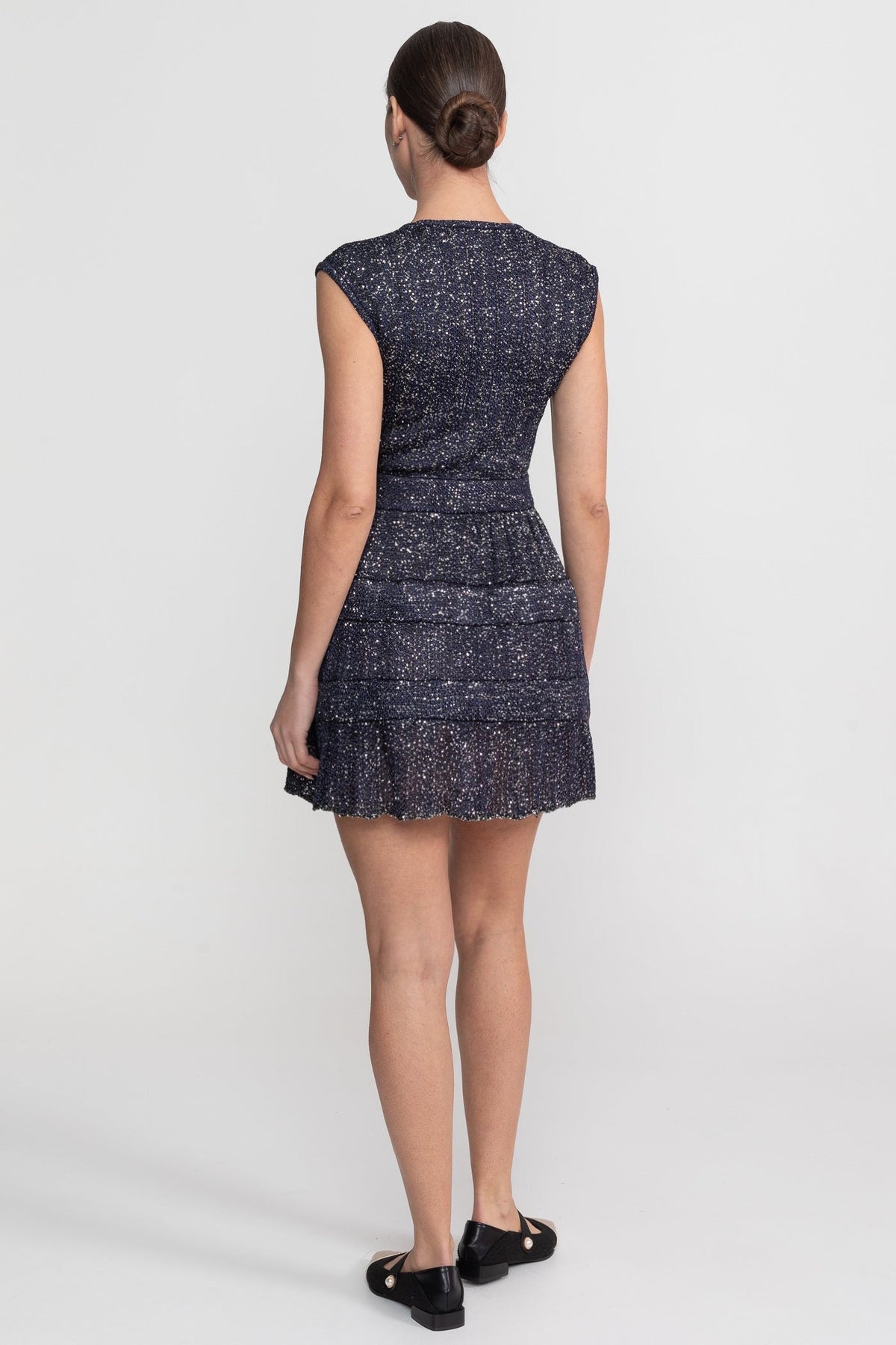 Sequin Cap Sleeve Mini Dress With Tiered Ruffle Skirt - Navy - View 3