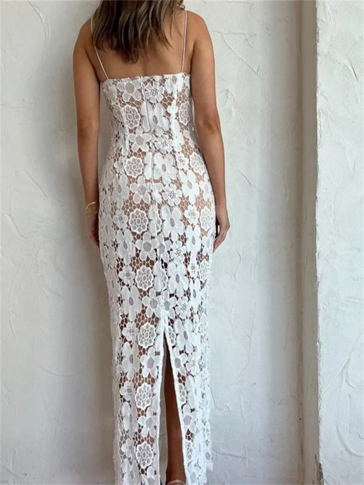 Elegant Lace Flower Hollow Out Sleeveless Maxi Dress - View 2