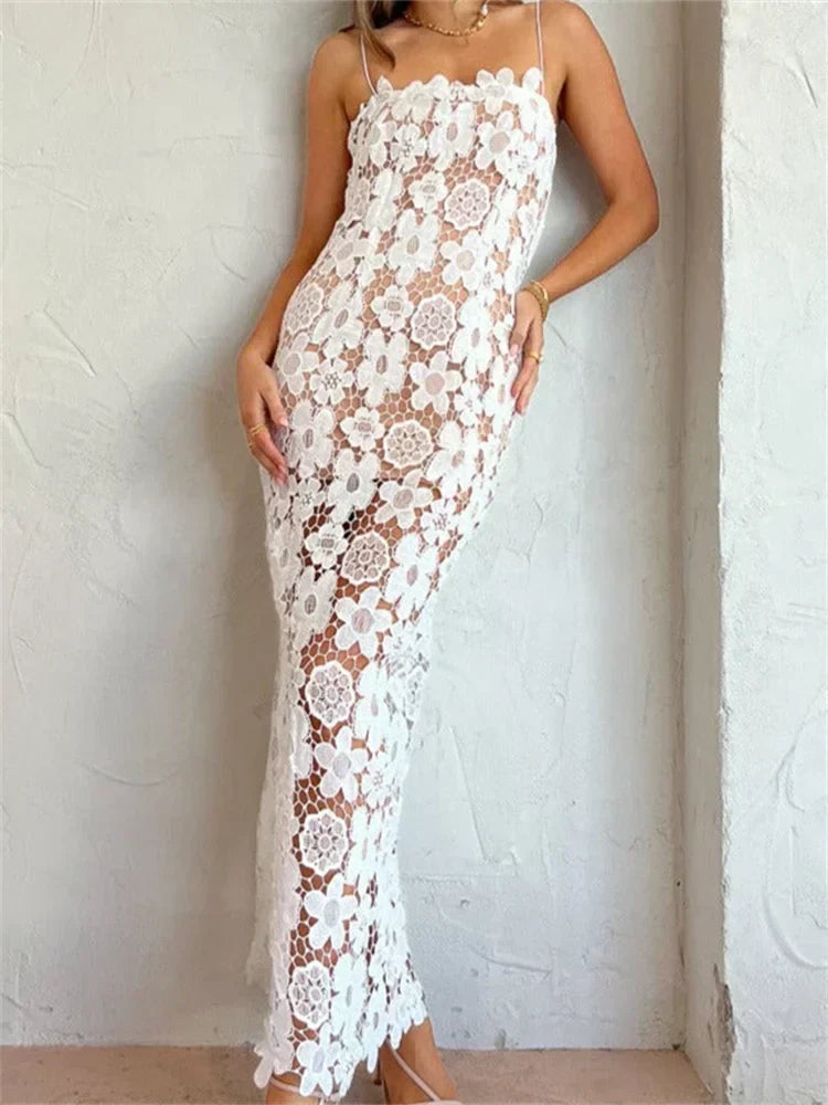 Elegant Lace Flower Hollow Out Sleeveless Maxi Dress - View 5