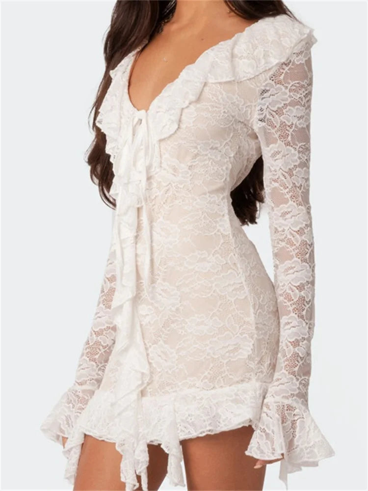 Elegant Lace Mesh Long Sleeve Mini Dresses - View 2