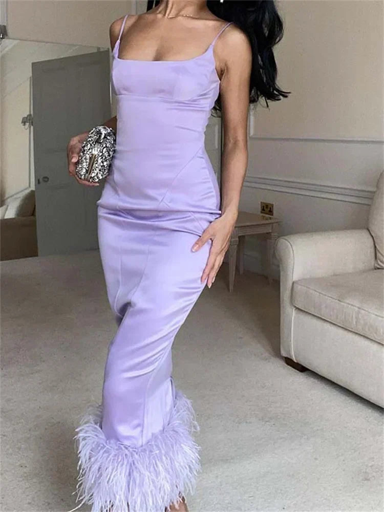 Square Neck Spaghetti Strap Feather Trim Satin Maxi Dress