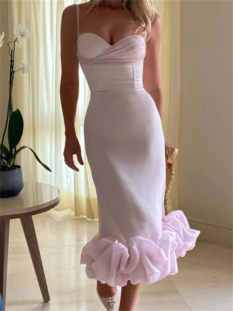 Cocktail Sleeveless Low Cut VNeck Slim Ruched Ruffles Midi Dress - View 5