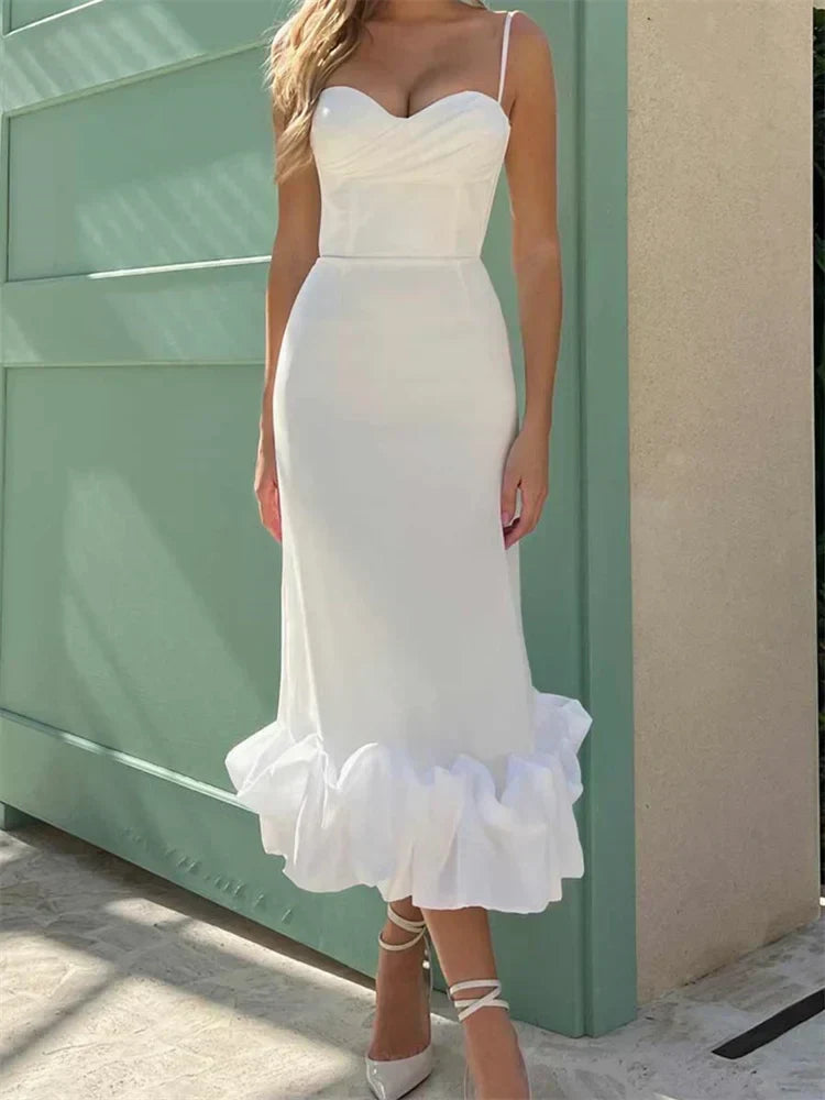 Cocktail Sleeveless Low Cut VNeck Slim Ruched Ruffles Midi Dress - View 7