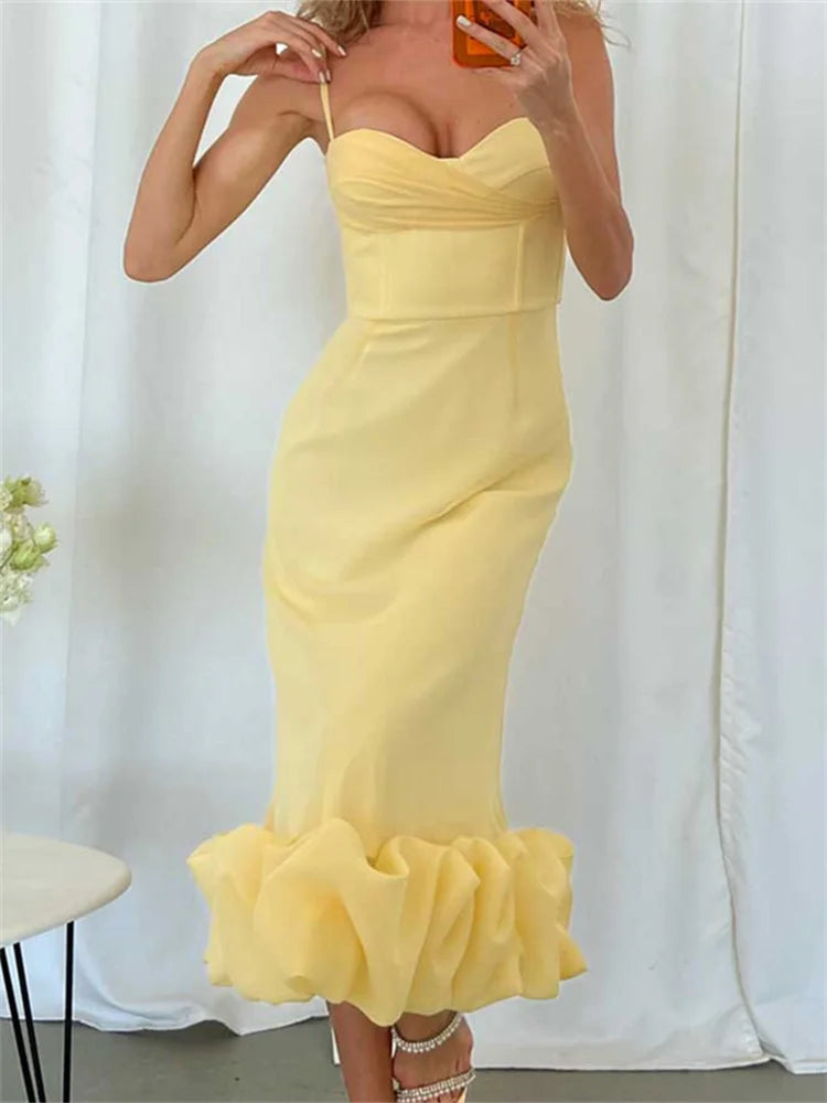 Cocktail Sleeveless Low Cut VNeck Slim Ruched Ruffles Midi Dress - View 3