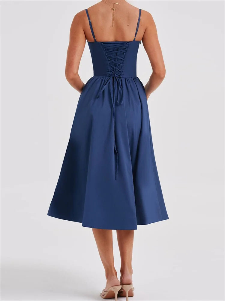Spaghetti Strap Sweetheart Bustier Fit and Flare A-Line Midi Dress - View 5