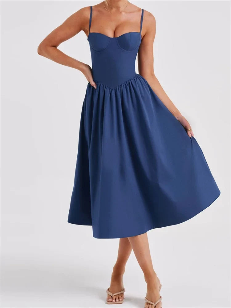 Spaghetti Strap Sweetheart Bustier Fit and Flare A-Line Midi Dress - View 4