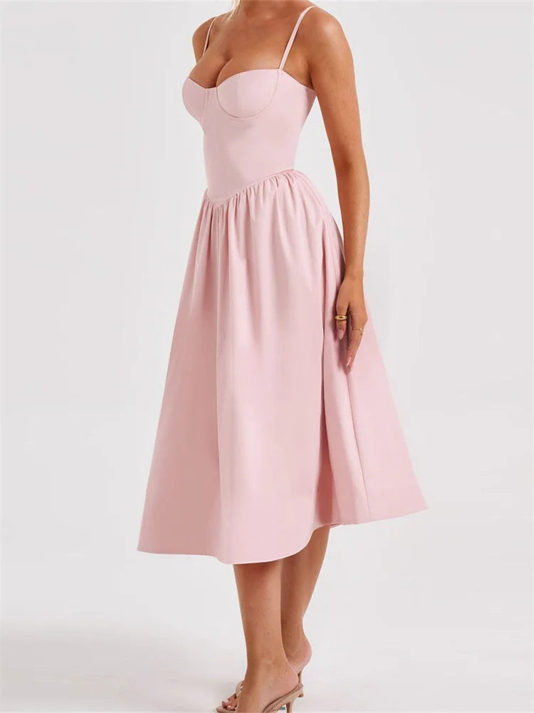 Spaghetti Strap Sweetheart Bustier Fit and Flare A-Line Midi Dress - View 3
