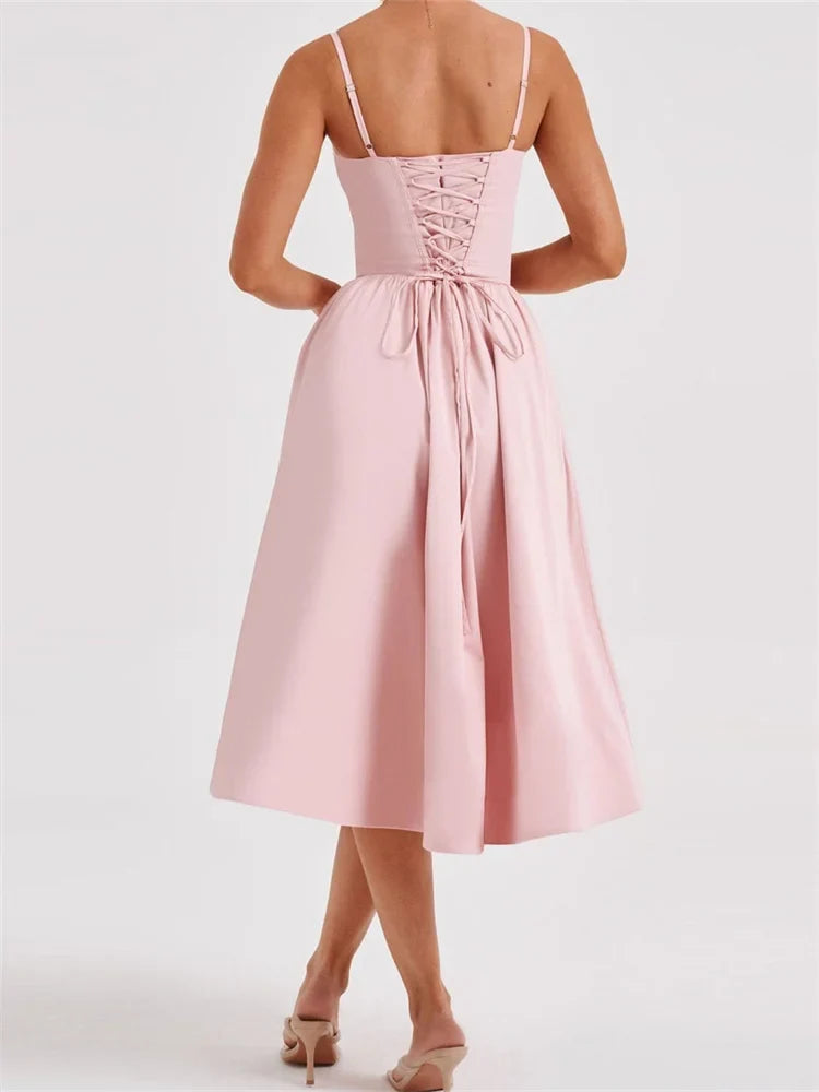 Spaghetti Strap Sweetheart Bustier Fit and Flare A-Line Midi Dress - View 2