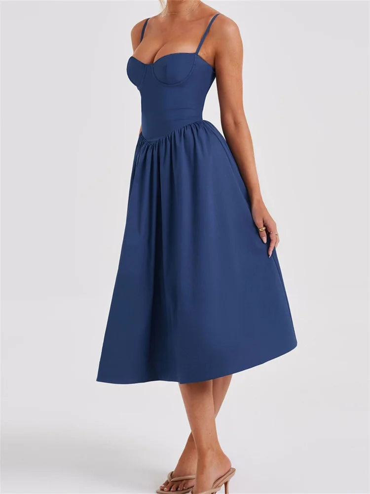 Spaghetti Strap Sweetheart Bustier Fit and Flare A-Line Midi Dress - View 6