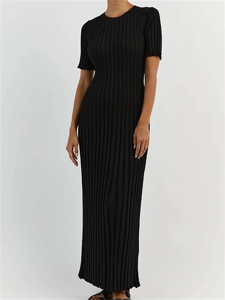 Crew Neck Short Sleeve Ribbed Knit Bodycon Maxi Dress