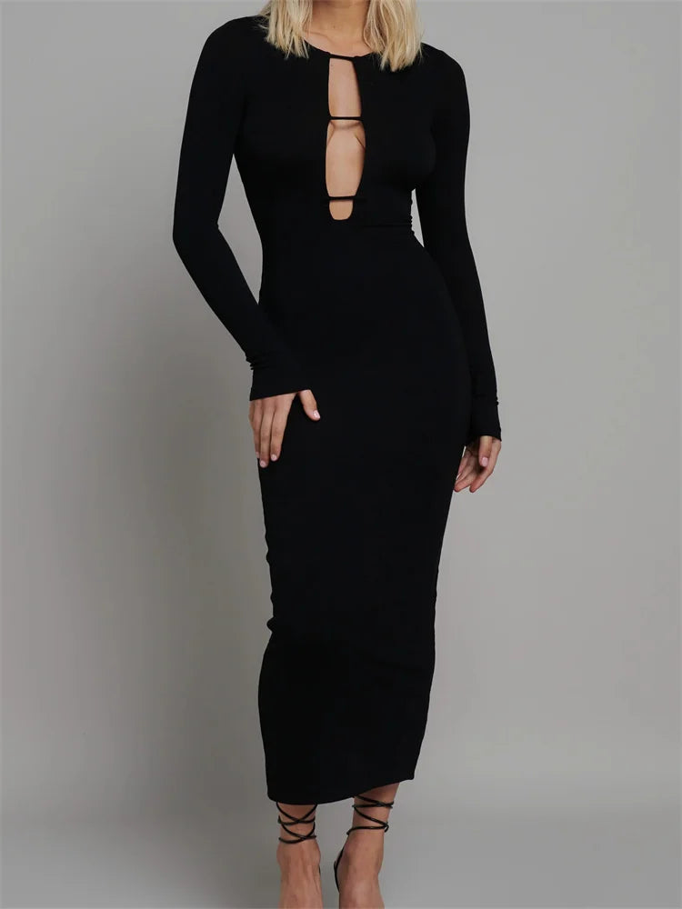 Crew Neck Long Sleeve Keyhole Cut Out Bodycon Maxi Dress