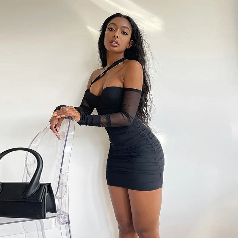 Black Mesh Long Sleeve Mini Dresses - View 2