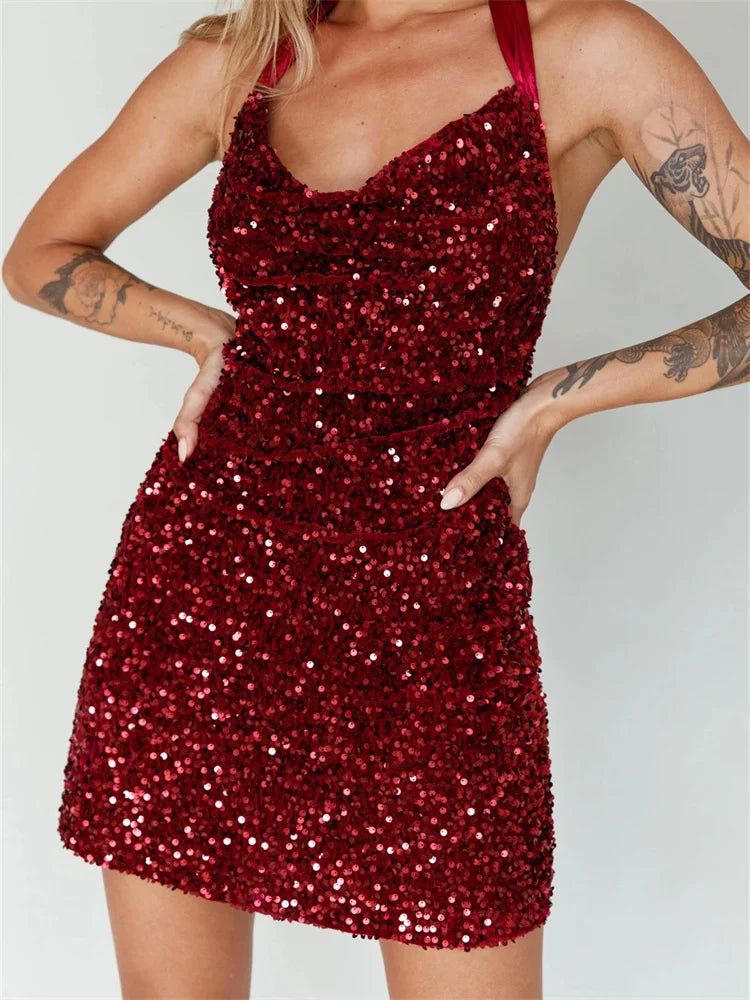 Sequin Halter Neck Ruched Bodycon Mini Dress - View 6