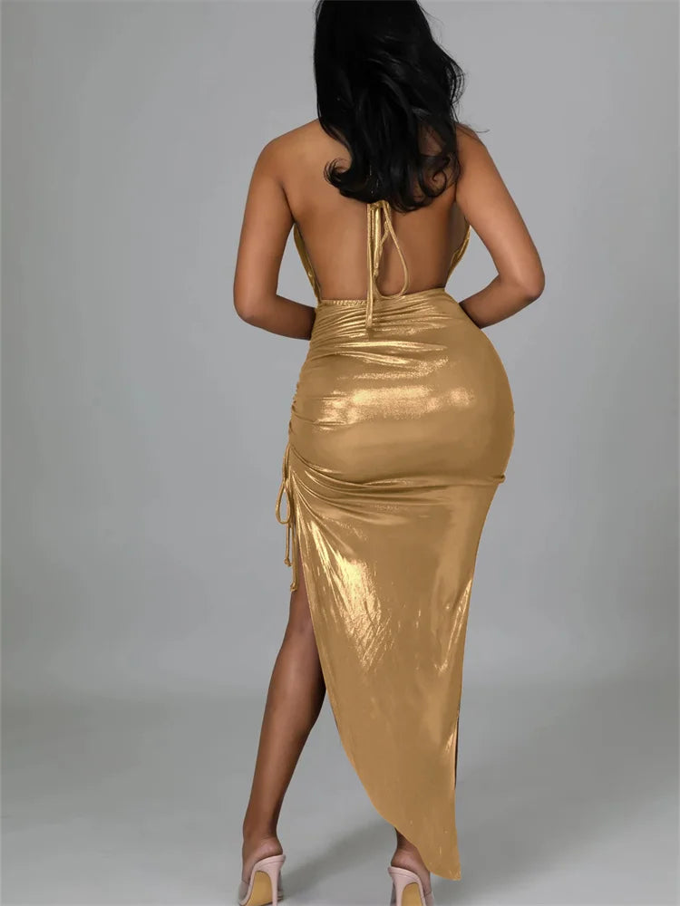 Backless Off-Shoulder Deep V-Neck Maxi Dress