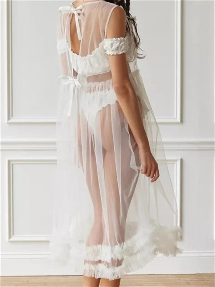 Sheer Mesh Lace Trim Cold Shoulder Bow Strap Empire Waist Midi Dress - View 2