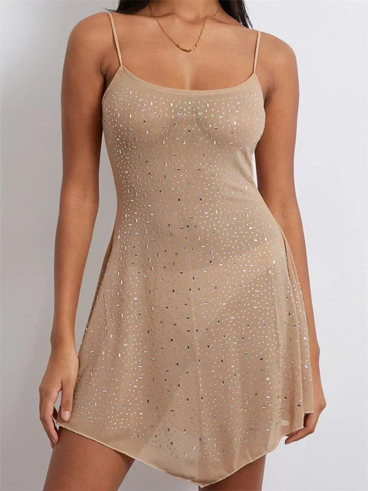 Rhinestone Mesh Spaghetti Strap Scoop Neck Mini Party Dress